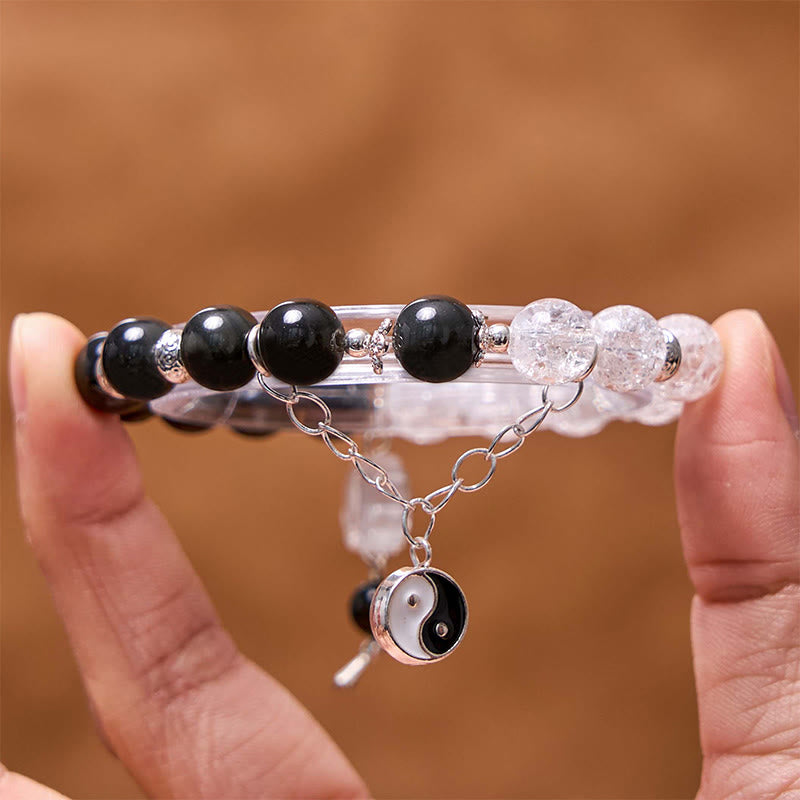 KarmaRipple's Silver Sheen Obsidian Crackle Clear Quartz Black Rutilated Quartz Yin Yang Lotus Protection Bracelet p12