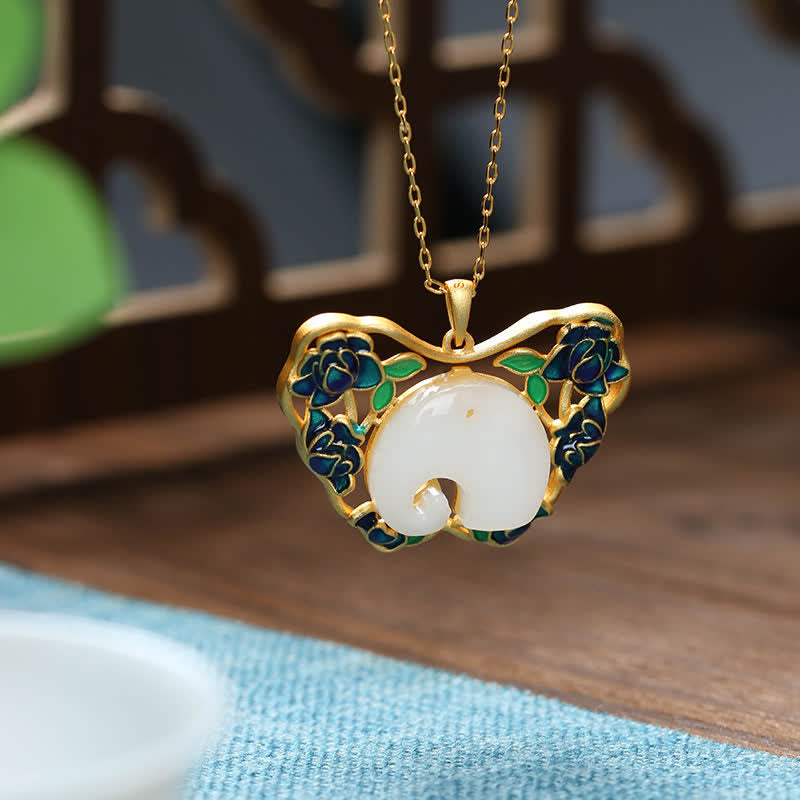 KarmaRipple's Ivory Jade Elephant Butterfly Lotus Success Pendant Chain Necklace p1