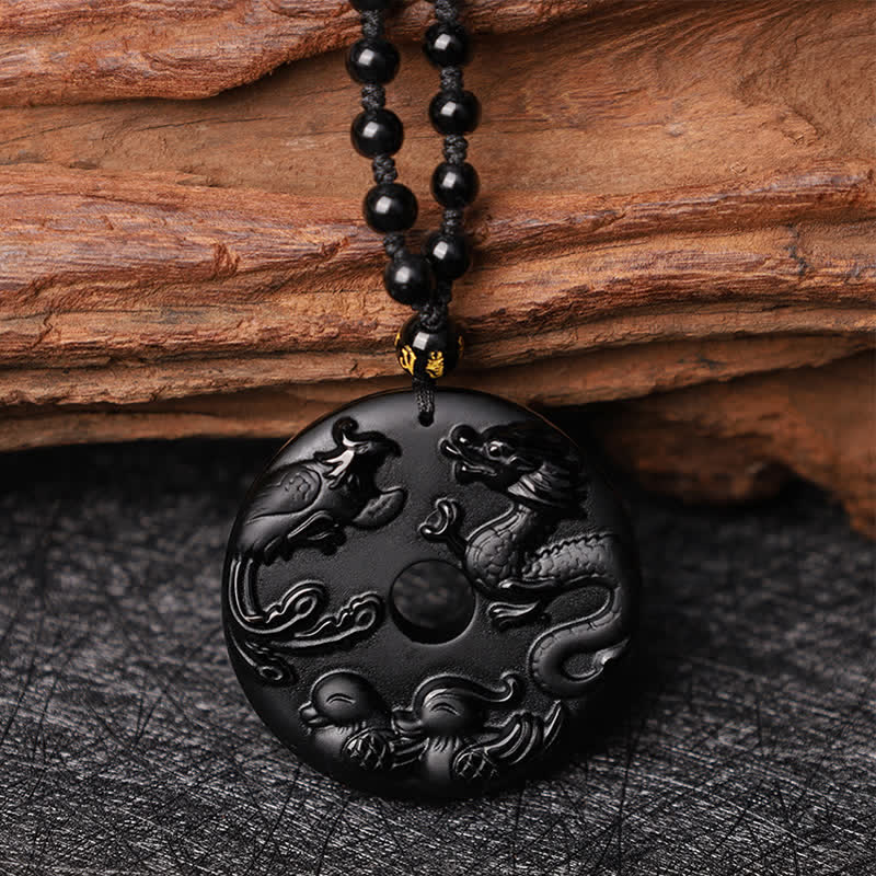 KarmaRipple's Black Obsidian Dragon Phoenix Mandarin Duck Fortune Protection Pendant Necklace p1