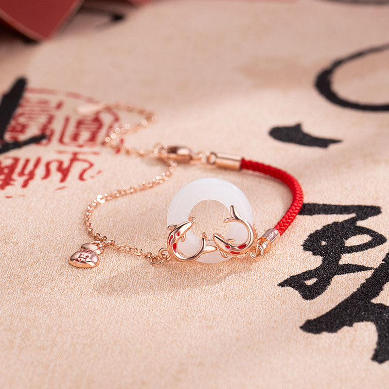 KarmaRipple's Ivory Jade Double Koi Fish Peace Buckle Attract Fortune Fortune Talisman Bracelet p2