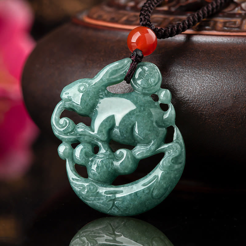 KarmaRipple's Year of the Rabbit Jade Fortune Crescent Mooon Pendant Necklace p1