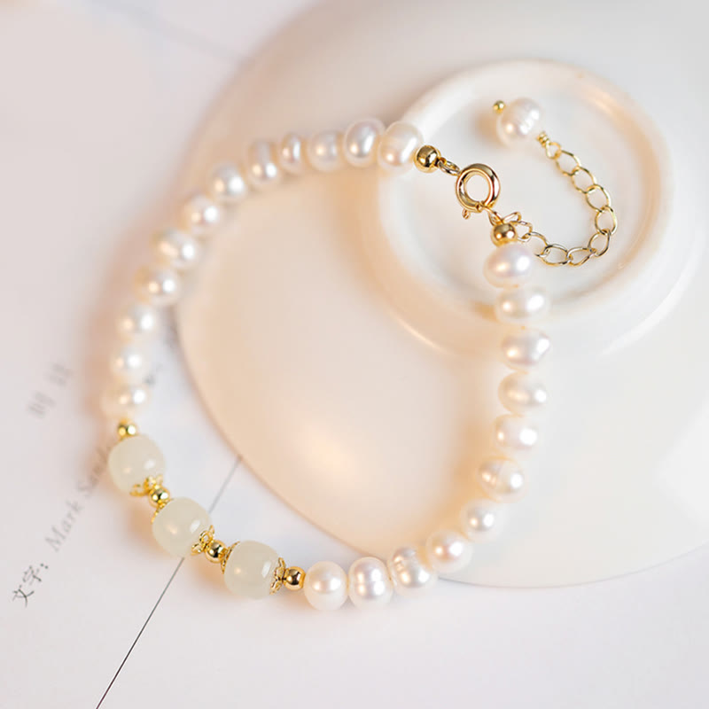 KarmaRipple's 14K Gold Plated Authentic Pearl Hetian Cyan Jade Ivory Jade Sincerity Bead Chain Bracelet p2