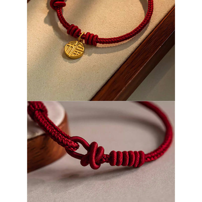 KarmaRipple's Handmade Eight Thread Peace Weave Fu Character Talisman Fortune Happiness Red Rope Bracelet p7