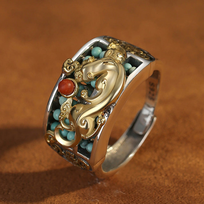 KarmaRipple's 925 Sterling Silver Turquoise Red Agate PiXiu Abacus Protection Ring p6