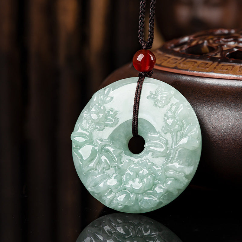 KarmaRipple's Round Jade Peace Buckle Peony Flower Abundance Pendant Necklace p8