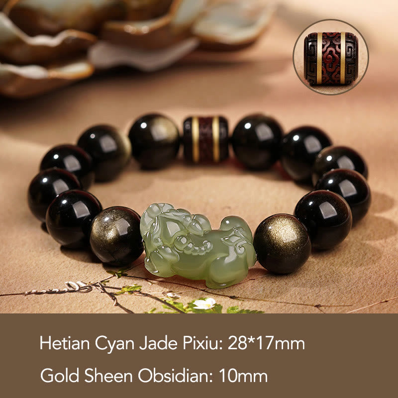 KarmaRipple's Authentic Gold Sheen Obsidian Hetian Cyan Jade Ivory Jade PiXiu Wealth Bracelet p8