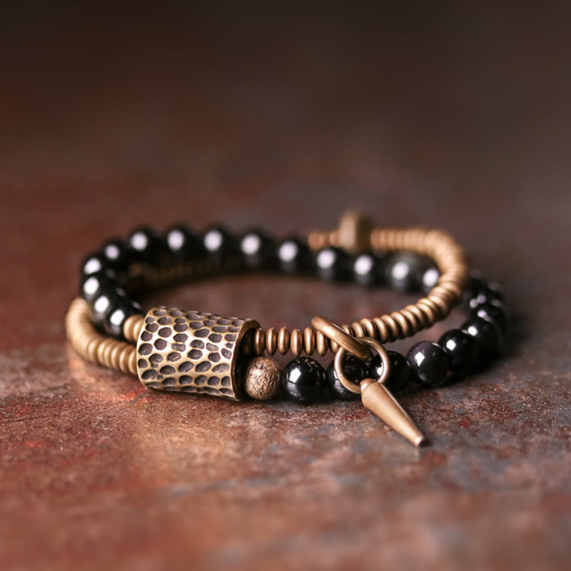 KarmaRipple's Rainbow Obsidian Bronze Inner Peace Balancing Double Layer Bracelet p1