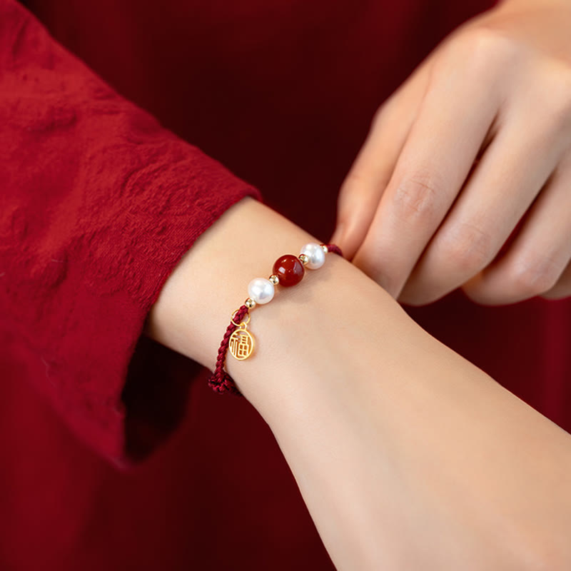 KarmaRipple's 925 Sterling Silver Good Fortune Fu Character Agate Pearl Red String Braid Bracelet p13