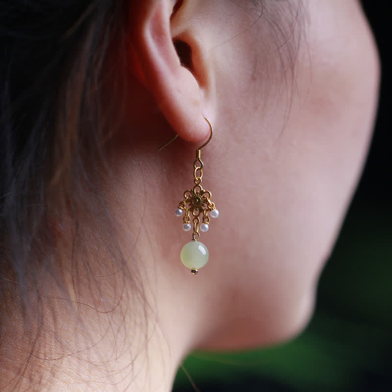 KarmaRipple's Hetian Jade Flower Pattern 14K Gold Plated Fortune Drop Dangle Earrings p3