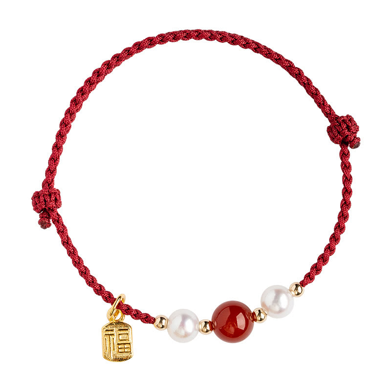 KarmaRipple's 925 Sterling Silver Good Fortune Fu Character Agate Pearl Red String Braid Bracelet p11