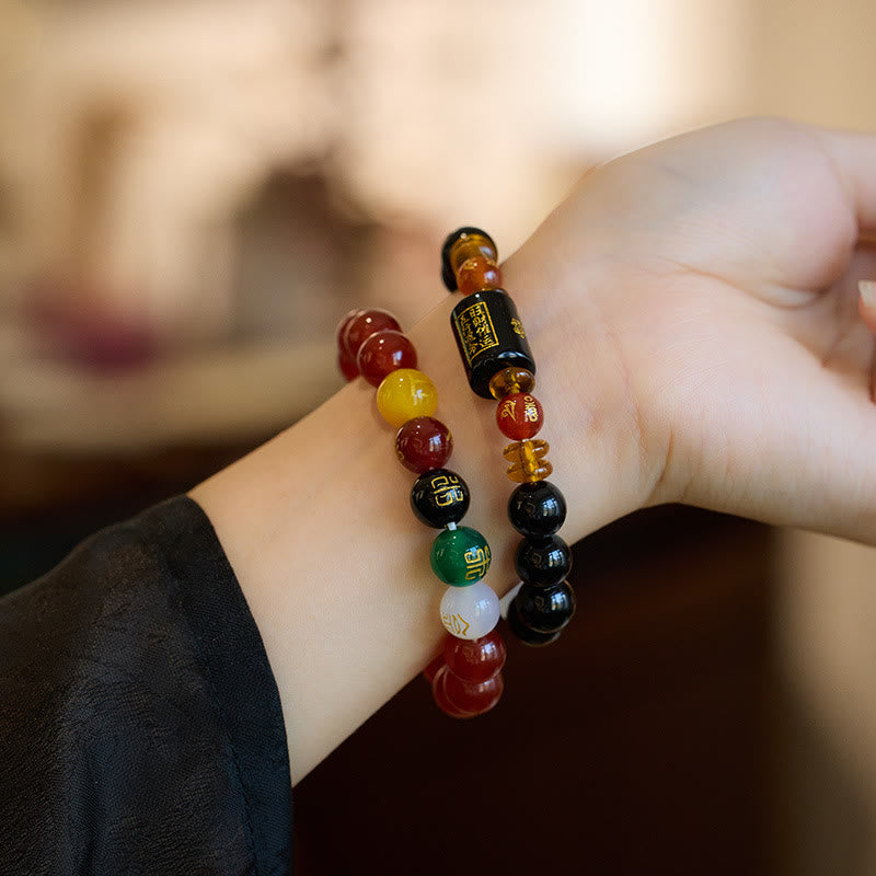 KarmaRipple's Five Elements Black Onyx Red Agate Wisdom Wealth Bracelet p32