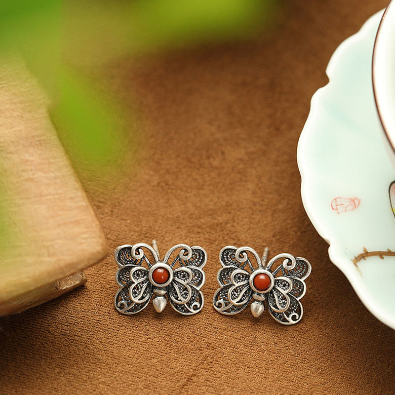 KarmaRipple's 925 Sterling Silver Red Agate Butterfly Self-acceptance Ring Earrings Set p18