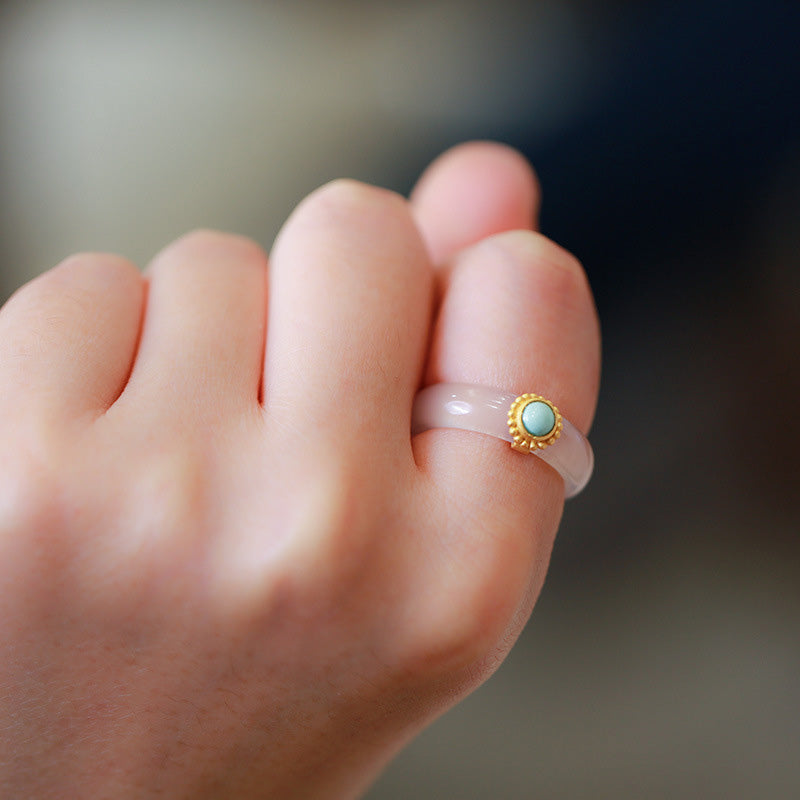 KarmaRipple's Ivory Agate Cyan Jade Turquoise Red Agate Fortune Protection Ring p9