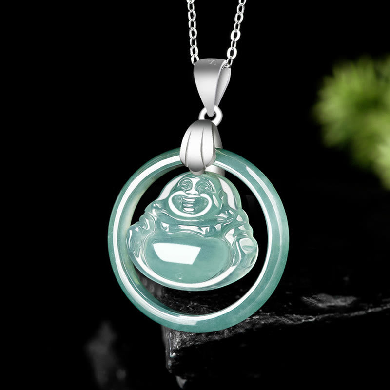 KarmaRipple's 925 Sterling Silver Authentic Jade Round Laughing Buddha Abundance Chain Pendant Necklace p2