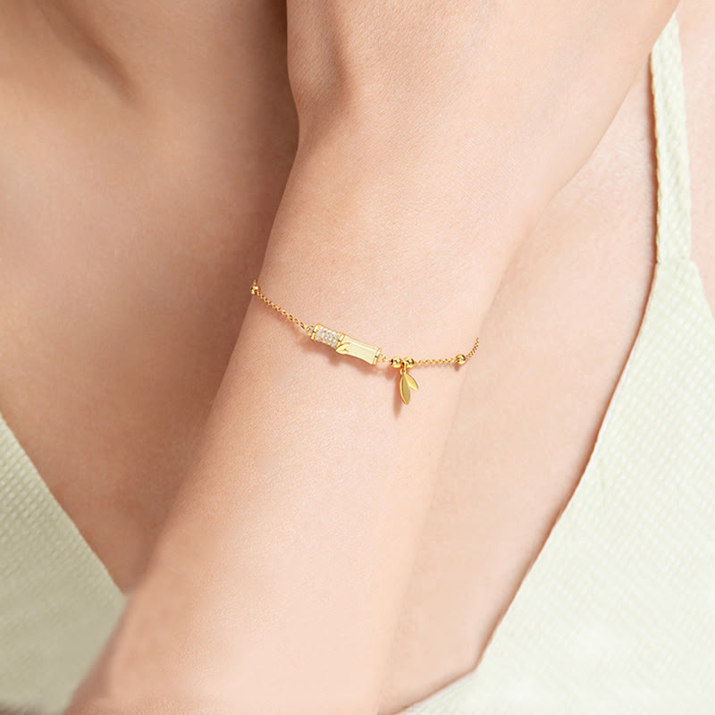 KarmaRipple's 925 Sterling Silver 18K Gold Plated Ivory Jade Bamboo Zircon Leaf Fortune Bracelet p6