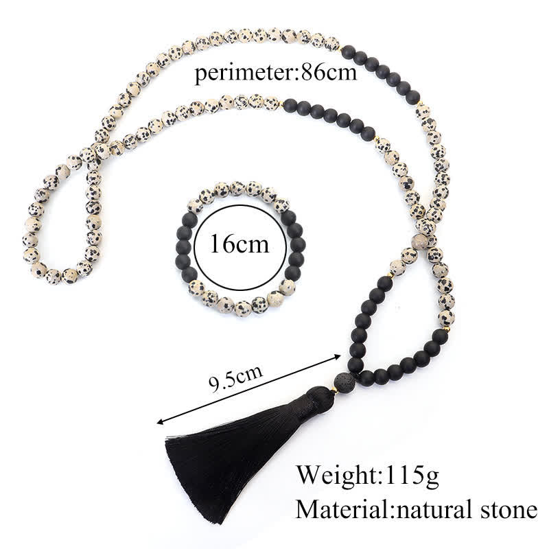 KarmaRipple's 108 Mala Beadwork Zebra Jasper Frosted Stone Protection Tassel Bracelet ( p10