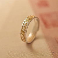 KarmaRipple's KarmaRipple 999 Sterling Silver Gold-Painted Joyful Flower Pattern Peaceful Heart Sutra Ring