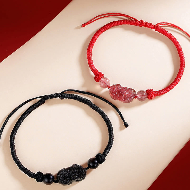 KarmaRipple's Handmade Authentic Silver Sheen Obsidian Strawberry Quartz PiXiu Protection Woven Bracelet p6