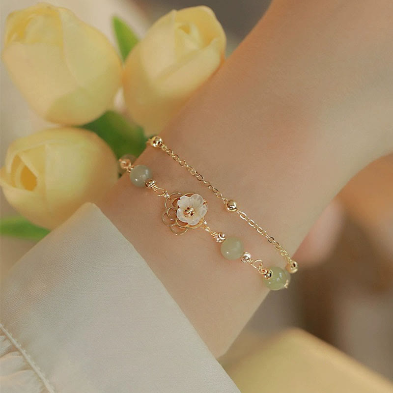 KarmaRipple's 14K Gold Plated Jade Butterfly Tridacna Stone Flower Double Layer Fortune Bracelet p21