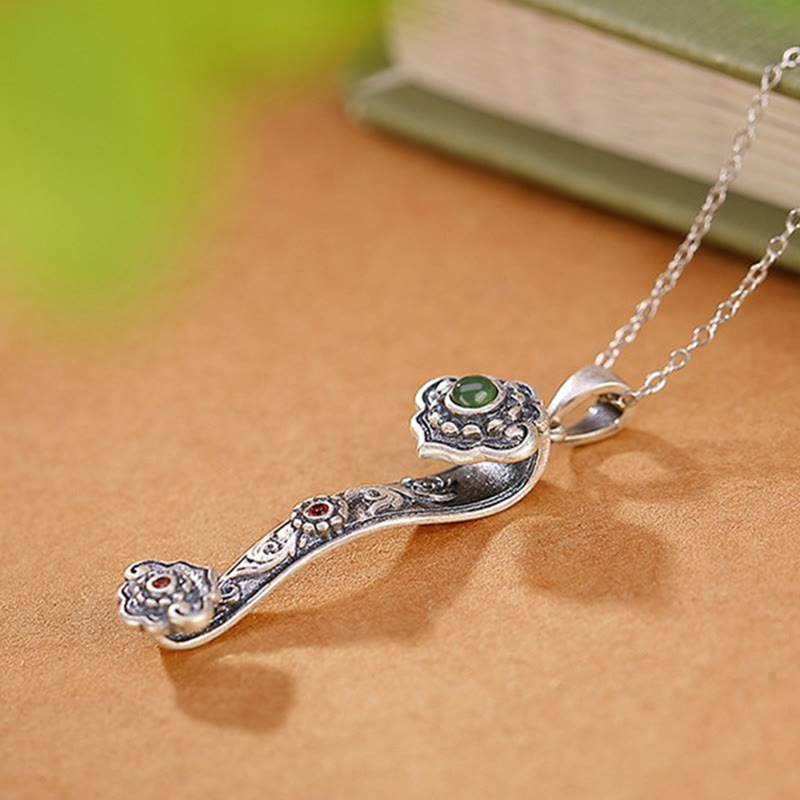 KarmaRipple's 925 Sterling Silver Red Agate Cyan Jade Auspicious Clouds Ruyi Handle Blessing Pendant Necklace p9