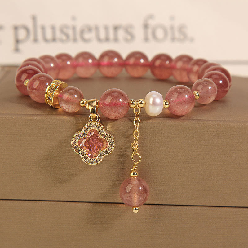 KarmaRipple's Strawberry Quartz Pearl Four Leaf Clover Talisman Balancing Bracelet p1