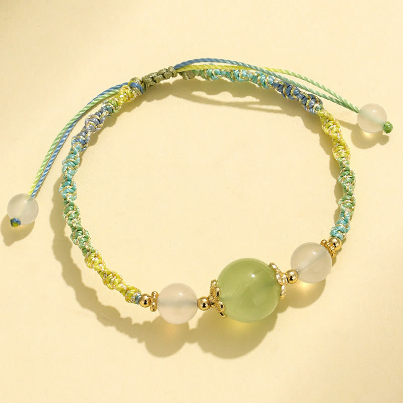 KarmaRipple's Strawberry Quartz Pink Gemstone Prehnite Ivory Agate Bead Balancing Rope Bracelet p20