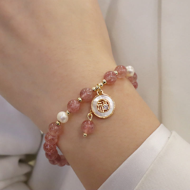 KarmaRipple's Strawberry Quartz Pearl Elk Smiley Face Fishtail Fu Character Talisman Balancing Bracelet p4