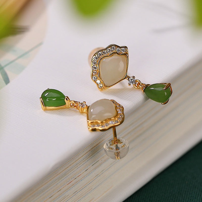 KarmaRipple's Ivory Jade Cyan Jade Fan Water Drop Pattern Fortune Drop Earrings p5