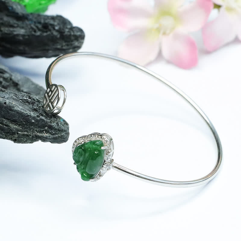 KarmaRipple's 925 Sterling Silver Laughing Buddha Jade Fortune Bracelet Bangle p2