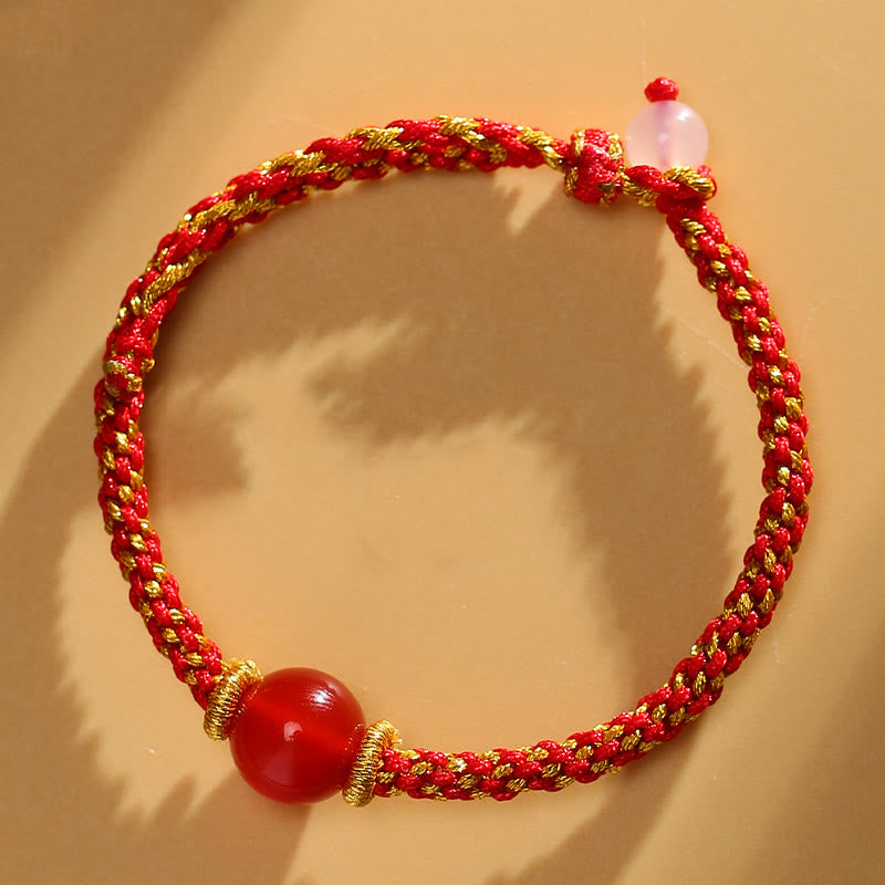 KarmaRipple's Handmade Red Agate Amethyst Golden Rutilated Quartz Pink Gemstone Bead Calm Woven Bracelet p1