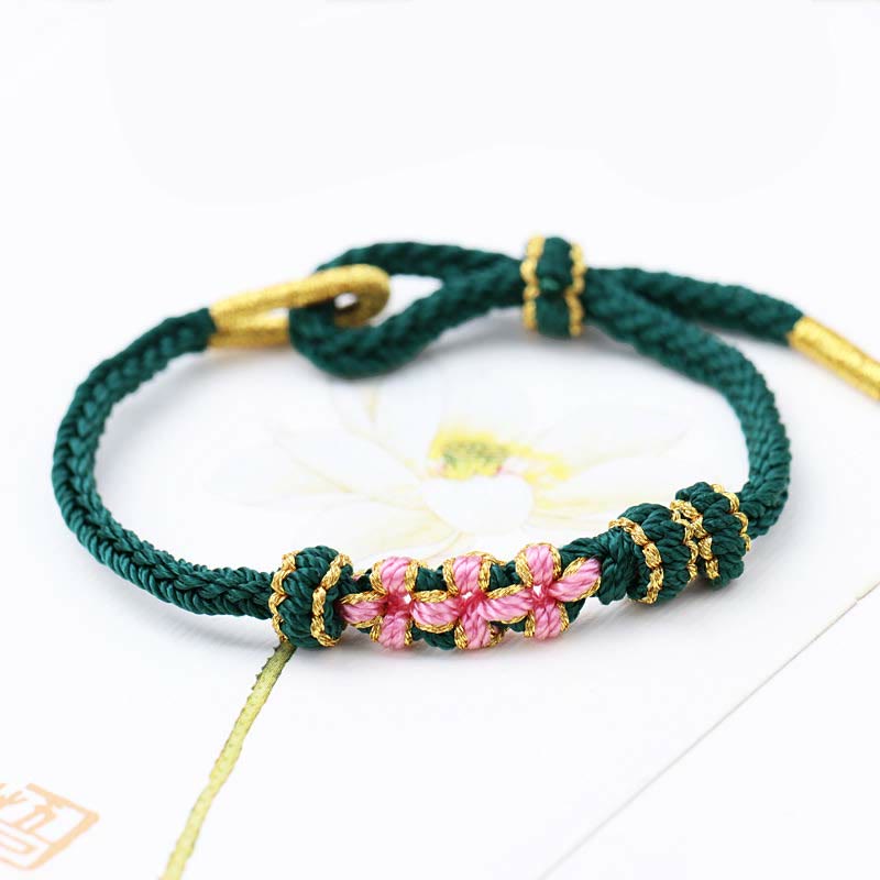KarmaRipple's Handmade Three Peach Blossoms Fortune Eight Strands Woven String Bracelet p4