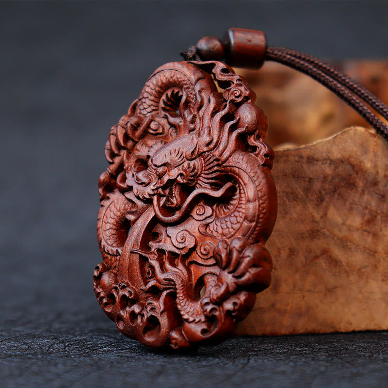 KarmaRipple's Lightning Struck Jujube Wood Double Dragon Relief Ward Off Evil Spirits Pendant Necklace p3