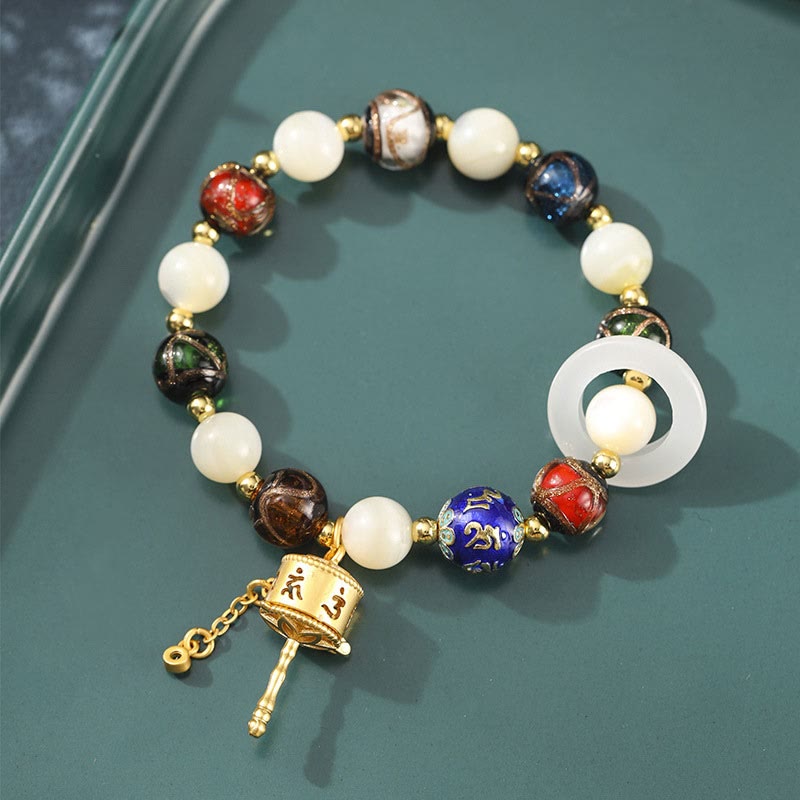 KarmaRipple's Tibetan Incense Ash Liuli Glass Tridacna Stone Sun Stone Om Mani Padme Hum Prayer Wheel Talisman Bracelet p1