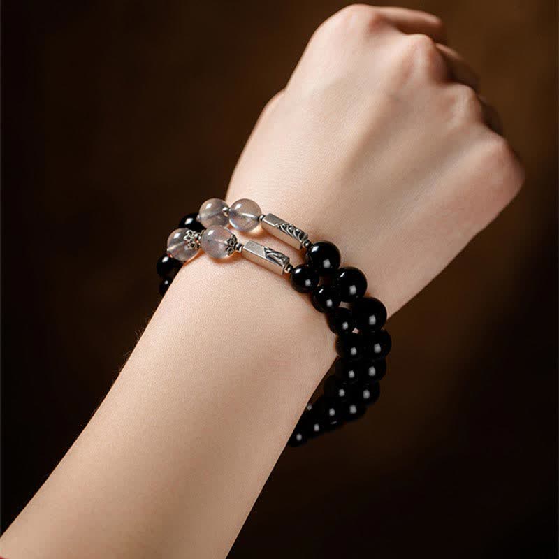 KarmaRipple's 925 Sterling Silver Obsidian Moonstone Strength Pair Bracelet p12