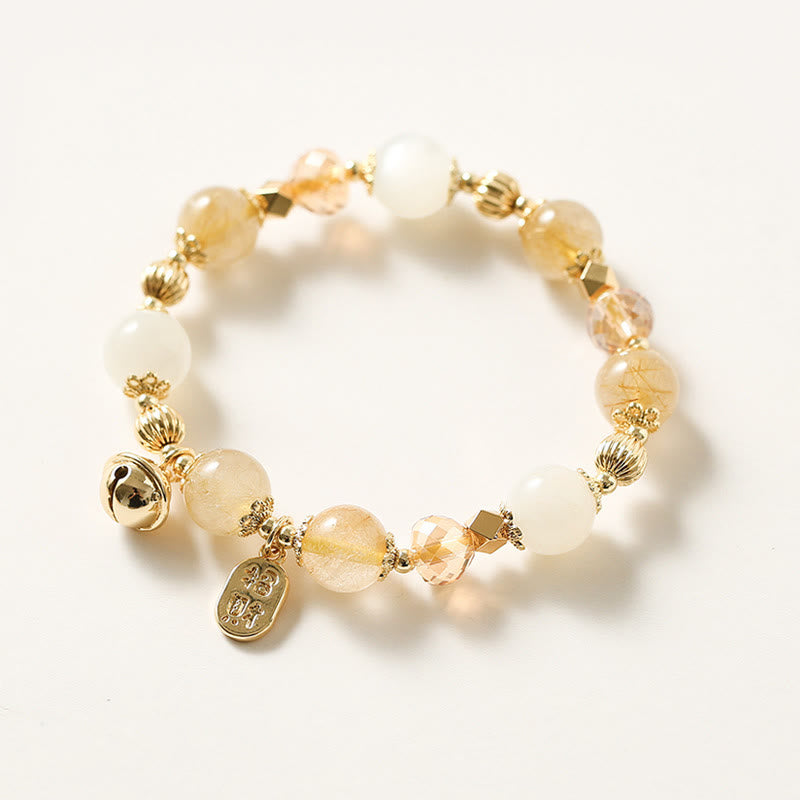 KarmaRipple's 14K Gold Plated Golden Rutilated Quartz Wealth Bell Fortunate Fortune Talisman Bracelet p13