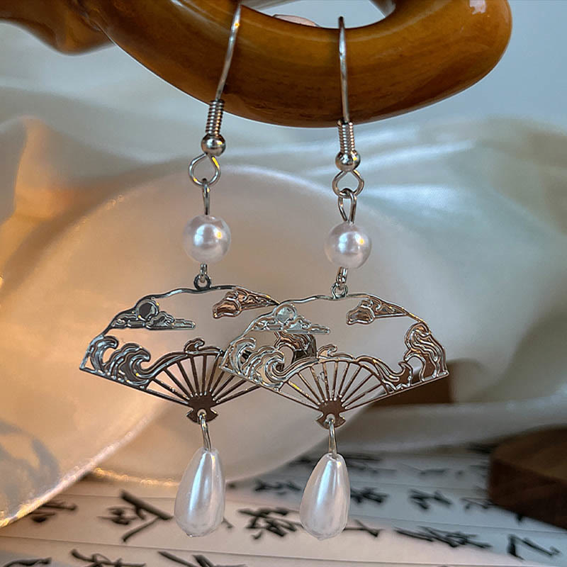 KarmaRipple's Bronze Fan Auspicious Clouds Pearl Balancing Drop Earrings p4