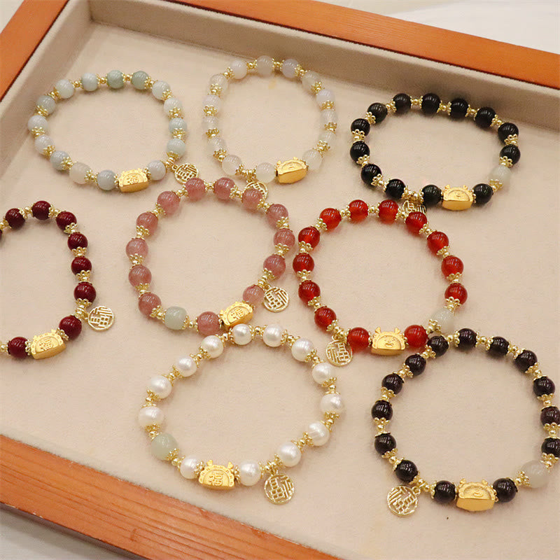 KarmaRipple's Year Of The Dragon Red Agate Strawberry Quartz Black Obsidian Jade Garnet Pearl Cinnabar Dumpling Dragon Fortune Fu Character Bracelet p37