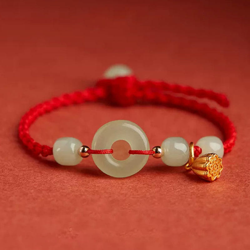 KarmaRipple's Round Peace Buckle Jade Lotus Happiness Abundance Wealth String Bracelet p24