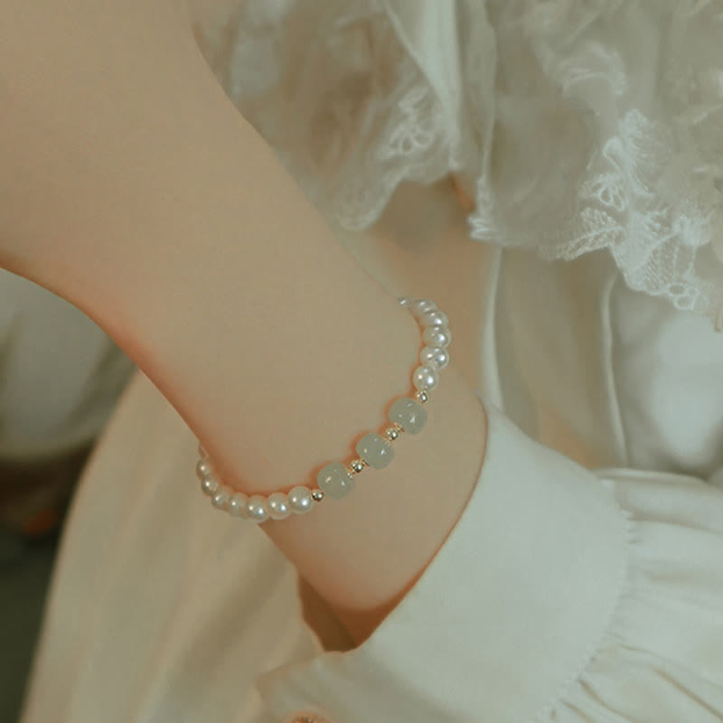 KarmaRipple's 14K Gold Plated Authentic Pearl Hetian Cyan Jade Ivory Jade Sincerity Bead Chain Bracelet p19