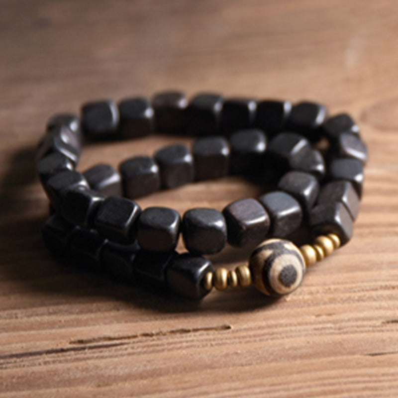 KarmaRipple's Ebony Wood Dzi Bead Bronze Peace Pair Bracelet p12