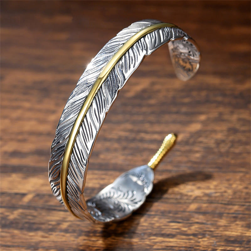 KarmaRipple's Feather Pattern Carved Fortune Wealth Cuff Bracelet Bangle p2