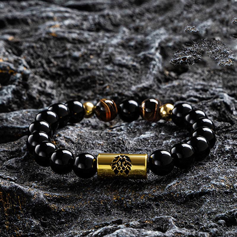KarmaRipple's Black Onyx Tiger Eye Bead Lion Engraved Protection Bracelet p18