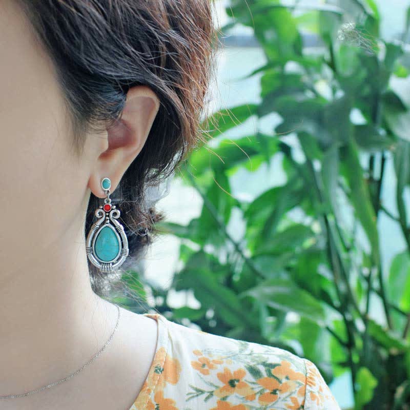 KarmaRipple's Tibet Vintage Turquoise Waterdrop Strength Drop Dangle Earrings Clips p4