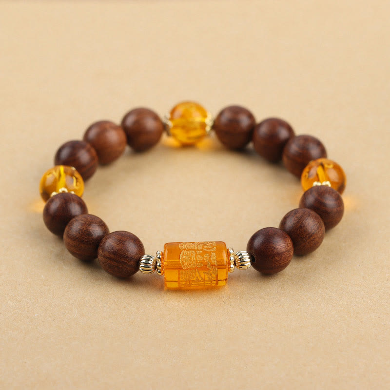 KarmaRipple's Authentic Phoebe Zhennan Wood Om Mani Padme Hum God Of Wealth Gemstone Protection Bracelet p1
