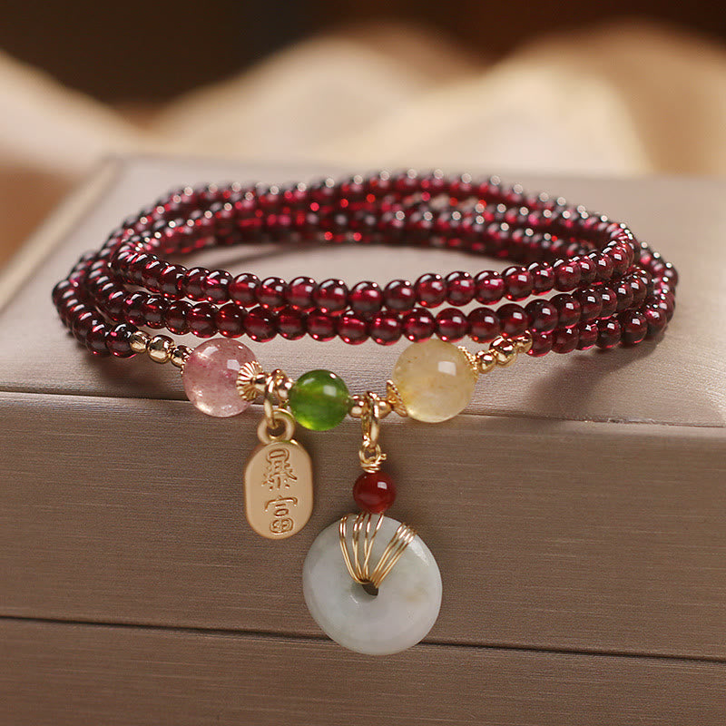 KarmaRipple's Authentic Garnet Strawberry Quartz Gemstone Fox Koi Fish Peace Buckle Fortune Protection Triple Wrap Bracelet p22