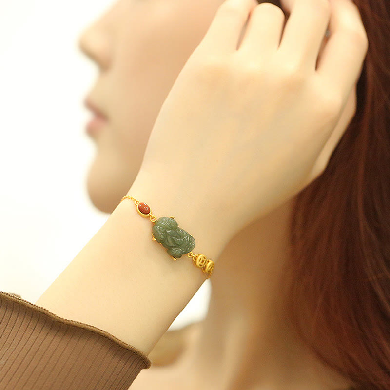KarmaRipple's Cyan Jade PiXiu Bronze Coin Red Agate Success Chain Bracelet p4