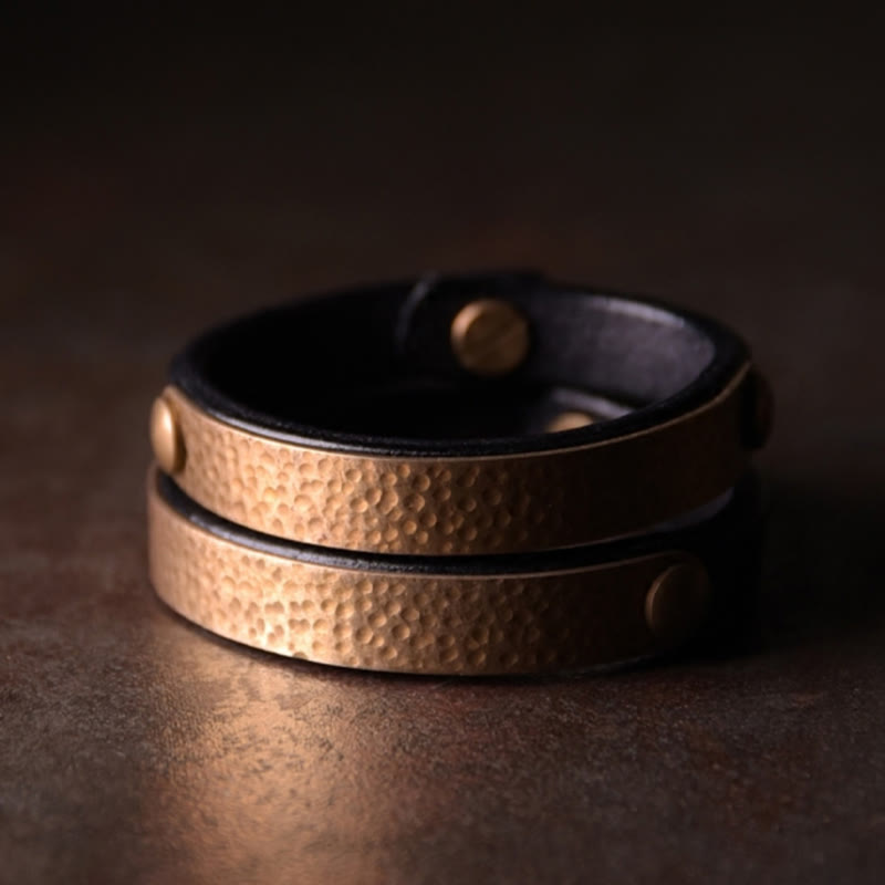 KarmaRipple's Vintage Handmade Texture Bronze Brass Leather Wealth Bracelet Bangle p16