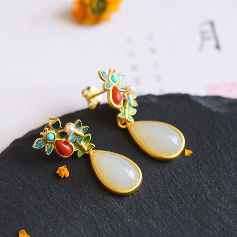 KarmaRipple's Water Drop Ivory Jade Red Agate Butterfly Protection Drop Dangle Earrings p3