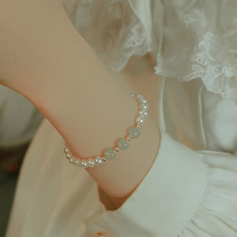 KarmaRipple's 14K Gold Plated Authentic Pearl Hetian Cyan Jade Ivory Jade Sincerity Bead Chain Bracelet p25