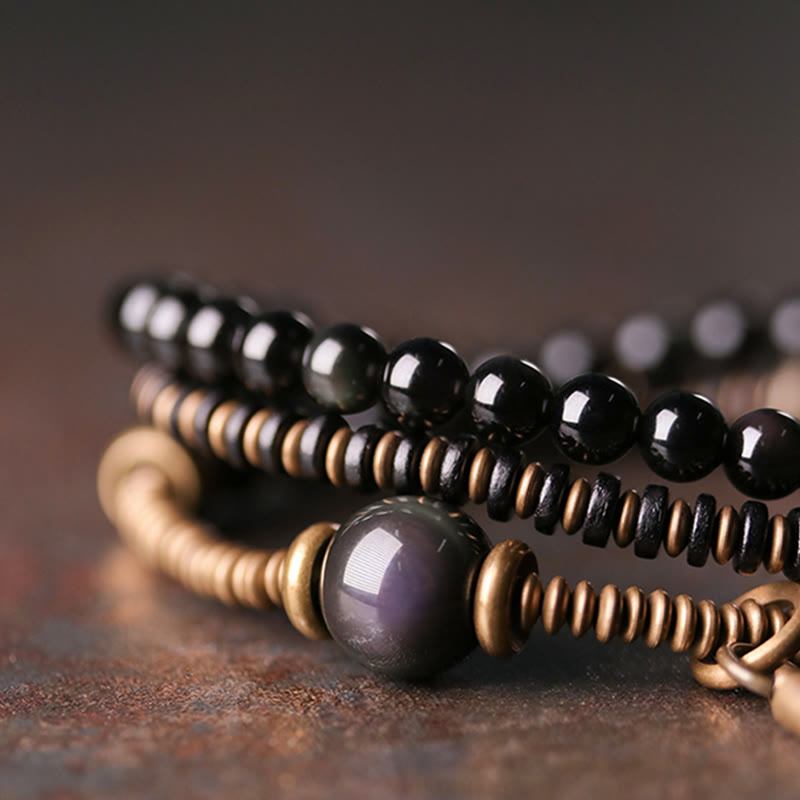 KarmaRipple's Rainbow Obsidian Ebony Wood Bronze Balancing Triple Wrap Bracelet p3